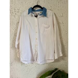 Vintage 90s Details White Textured Cotton Shirt Denim Collar Button Up Mens 22